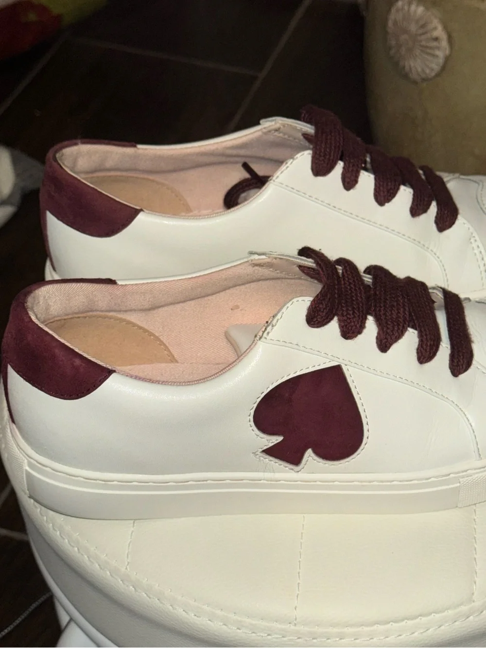 Kate Spade New York Fez White Leather Ace Suede Sneakers Burgundy Accent Sz 10B